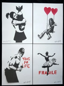 Graffiti, Set of 4 Street Art, Stencil, original spray, dismaland,signed, BANKSY - Picture 1 of 3