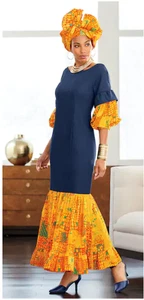 Size 18W PLUS Ashro Blue Yellow Orange African Pride Asia Denim Anakra Dress - Picture 1 of 4