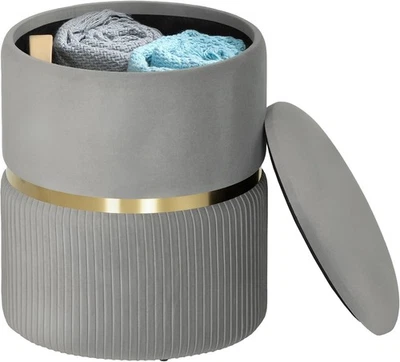 Light Grey Round Storage Stool Velvet Ottoman Padded Seat Vanity Footrest - Image 1 of 4