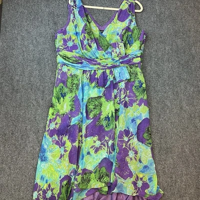 Jones New York 18W 花卉无袖连衣裙绿色紫色蓝色不对称下摆加大 — 第 1/4 张图片