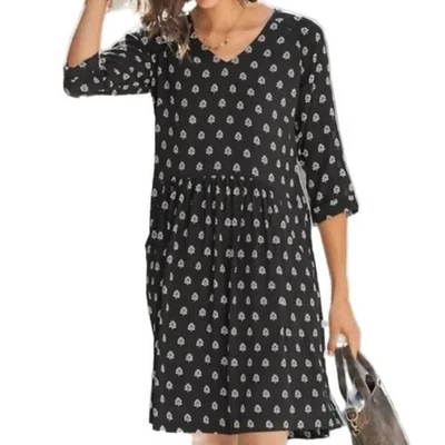 Garnet Hill черный v-образным вырезом 3/4 рукав Shift платье с карманами Sz. 6 ксилографических принтов - Изображение 1 из 4