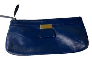 Vintage Leather Clutch Purse Zip Top Gold Metal Accent 80s Blue Handmade - Picture 1 of 5