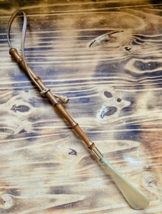 Rare Vintage Shoehorn Shoe Spoon Horn Bamboo Leather Strap - Picture 1 of 4