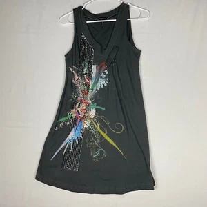 BYBLOS Dark Gray Beaded Tassel Graphic Dress Size 6 Cotton Made in Italy - Picture 1 of 13
