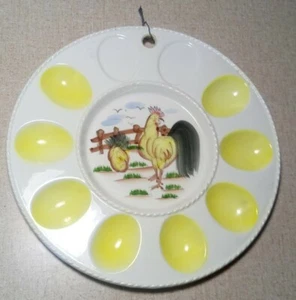 Plato colgante de pared vintage Norleans pintado a mano gallo granja escena huevo diablo - Imagen 1 de 7
