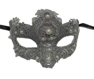 Silver Pearl Macrame Brocade Lace Masquerade Mardi Gras Mask - Picture 1 of 2