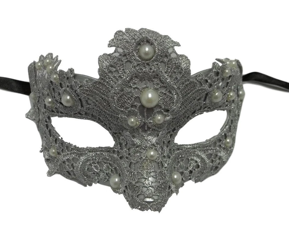 Silver Pearl Macrame Brocade Lace Masquerade Mardi Gras Mask - Image 1 of 2