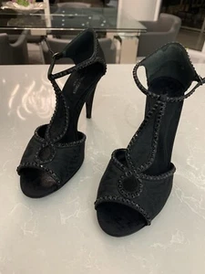 Sergio Rossi Black Satin and Leather Embellished Sandals Size 38 - Picture 1 of 7