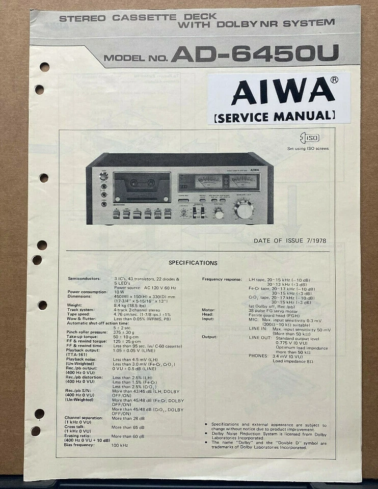 Original Service Manual for the AIWA AD-6450U Cassette Tape Deck ~ Repair - Image 1 of 1