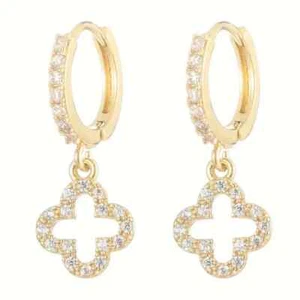 Lucky Clover Dangle Earrings Shiny Zirconia Inlaid Hollow Elegant - Picture 1 of 2