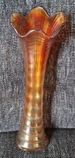 Orange Marigold Vintage Carnival Glass Waved Top Tall Vase Rippled Stem Retro