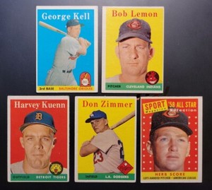 (5) 1958 Topps Lot: George Kell; Bob Lemon; Zimmer; Score AS; Kuenn (~VGEX)