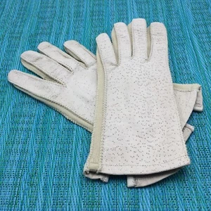 Deerskin Leather Driving Gloves Womens Lt Stone Beige Button Close Stretch Vtg - Picture 1 of 11