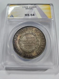 ๐ 1865 Brazil 2000 Reis ANACS MS64 Silver! Nice BU UNC TOP POP 1 TONED - Picture 1 of 5
