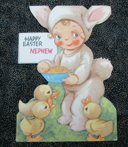 Vintage Used GIBSON EASTER CARD TO NEPHEW JG SCOTT ARTWORK; GIRL IN BUNNY SUIT