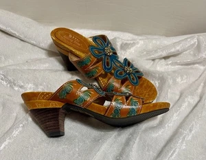 Spring Step L'Artiste Carlina Sandals Sz 5 (35) Brown Blue/Green Block Heel - Picture 1 of 9
