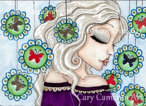 ACEO Original Painting Big Eye Butterfly Flower Fantasy Outsider art - C Cameron - Picture 1 of 1