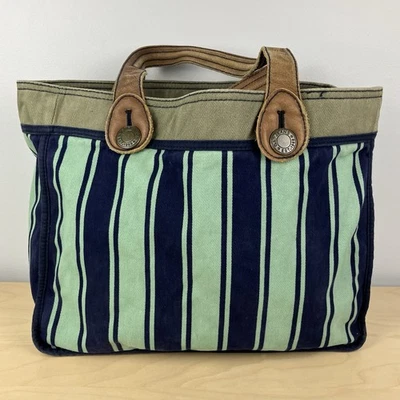 Bolso de Mano Reversible GAP Jeans Rayas Azul Teal Verde Ejército Asas de Cuero 2007 Foto 1 de 4