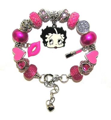Betty Boop Bracelet Hot Pink With European Beads & Charms, Lipstick, Sexy Lips - Image 1 of 4