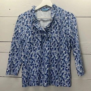 J McLaughlin Women’s Durham Knit Ruffle V Neck Top in Blue Mosaic Size Small - Picture 1 of 5