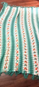 Crochet Blanket Handmade 85x72 Large Green White Orange Cozy Throw striped - Picture 1 of 4