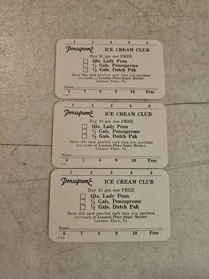 1967 Pensupreme Ice Cream Club Punch Cards From Leaman Place Store Paradise, PA  - Изображение 1 из 4