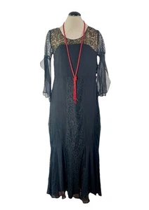 Vintage 1920s Flapper Lace Dress 20s Black Sheer Chiffon Flutter Sleeves M/L - Picture 1 of 12
