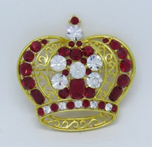 VINTAGE 1970s SIGNED M.J ENTERPRISES 42 CRYSTAL CROWN BROOCH RUBY RED GOLDEN  - Imagen 1 de 12