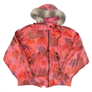 Vintage Luhta Ski Jacket 90s Retro Snowboard Hooded Pink Floral Womens Uk12 - Picture 1 of 8