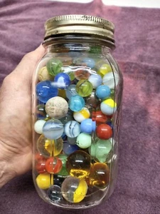 Vintage MARBLES QUART JAR of OLD GLASS MARBLES about 4 Pounds - Picture 1 of 11