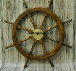 36" Big Ship Handmade Wooden Brass Antique Teak Brass Nautical Steering Wheel - Picture 1 of 7