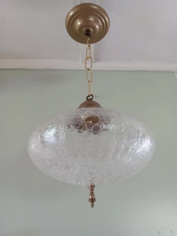 Vintage Clear Cracked Crackle Saucer Shaped Pendant Light Art Deco 1940s 1 of 2 Cover