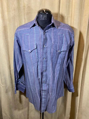 Mens Vtg 70s Ruddock Bros Western Shirt XL Blue Striped L/S Snaps Cot/poly - Изображение 1 из 4