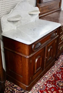 Antique Carved Walnut Wash Stand or Dresser w/Marble Top + Back, Drawer, Cabinet - Picture 1 of 10