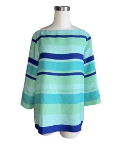 Ann Taylor LOFT Women Blue Long Sleeve Blouse Medium Striped - Picture 1 of 8