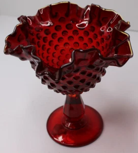 Fenton Glas Rubin gekräuselt Daumenabdruck Standfuß Kompott Nägel Süßigkeiten Schale Vintage - Bild 1 von 5
