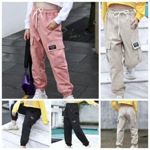 Kids Girls Cargo Jogger Pants 4 Pockets Cotton Fashion Bottoms with Drawstring - Picture 1 of 34