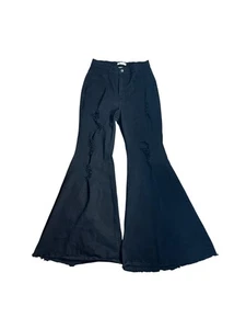 Vibrant MIU Bell Bottom Flare Black Jeans 1X Distressed Frayed Hem High Waist - Picture 1 of 12