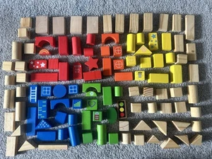 Wooden Building Blocks Set, Mixed Colours And Shapes, 112 Total Blocks. Bundle - Picture 1 of 6
