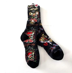 Ed Hardy Mens 2 Pair Cushioned Crew Socks Black Shoe 6-12 Skull Heart Tiger - Picture 1 of 7