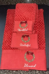 Embroidered Christmas Red Towel Set bath Hand Fingertip Cotton Towels - Picture 1 of 6