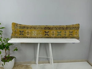 12x48 Kilim Lumbar Pillow Cover - Yellow Tribal Turkish Long Boho Bolster - Picture 1 of 10