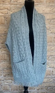 Aran Woollen Mills Blue Honeycomb Shawl Poncho Cardigan Wrap 100% Merino Wool - Picture 1 of 10