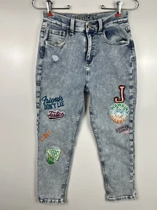 Justice X Stranger Things Acid Washed Denim Mini Mom Jeans Patched Girls Size 16 - Picture 1 of 17