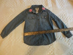 Upcycled Repurposed Kids Denim Shirt Handmade Crocheted Pink Flowers Size 4 NICE - Picture 1 of 3