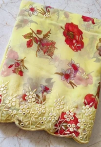 Nuevo Sari Chifón Amarillo Limón Rojo Rosa Flor Estampado Artesanal Diseñador - Imagen 1 de 3