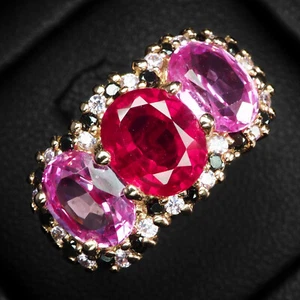 Red Spinel & Pink Sapphire 6.80Ct 925 Sterling Silver Handmade Halo Rings Size 8 - Picture 1 of 8