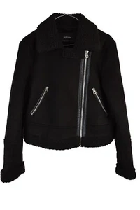 Stradivarius Damen Kunstleder Lammfell Reißverschluss Kragen Jacke Schwarz Größe XS - Bild 1 von 8