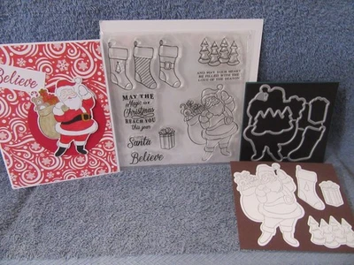 clear stamp SANTA'S CHRISTMAS & COORD DIES stockings Believe NEW + card - Image 1 of 3