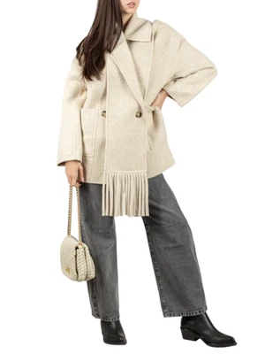 Vicolo cappotto doppiopetto misto lana con frange ecrù - Immagine 1 di 3